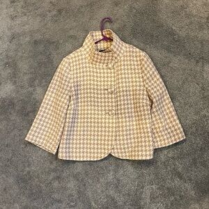 Banana Republic Cream Tan Houndstooth Print Button Front Cropped Coat Sz 14 Wool